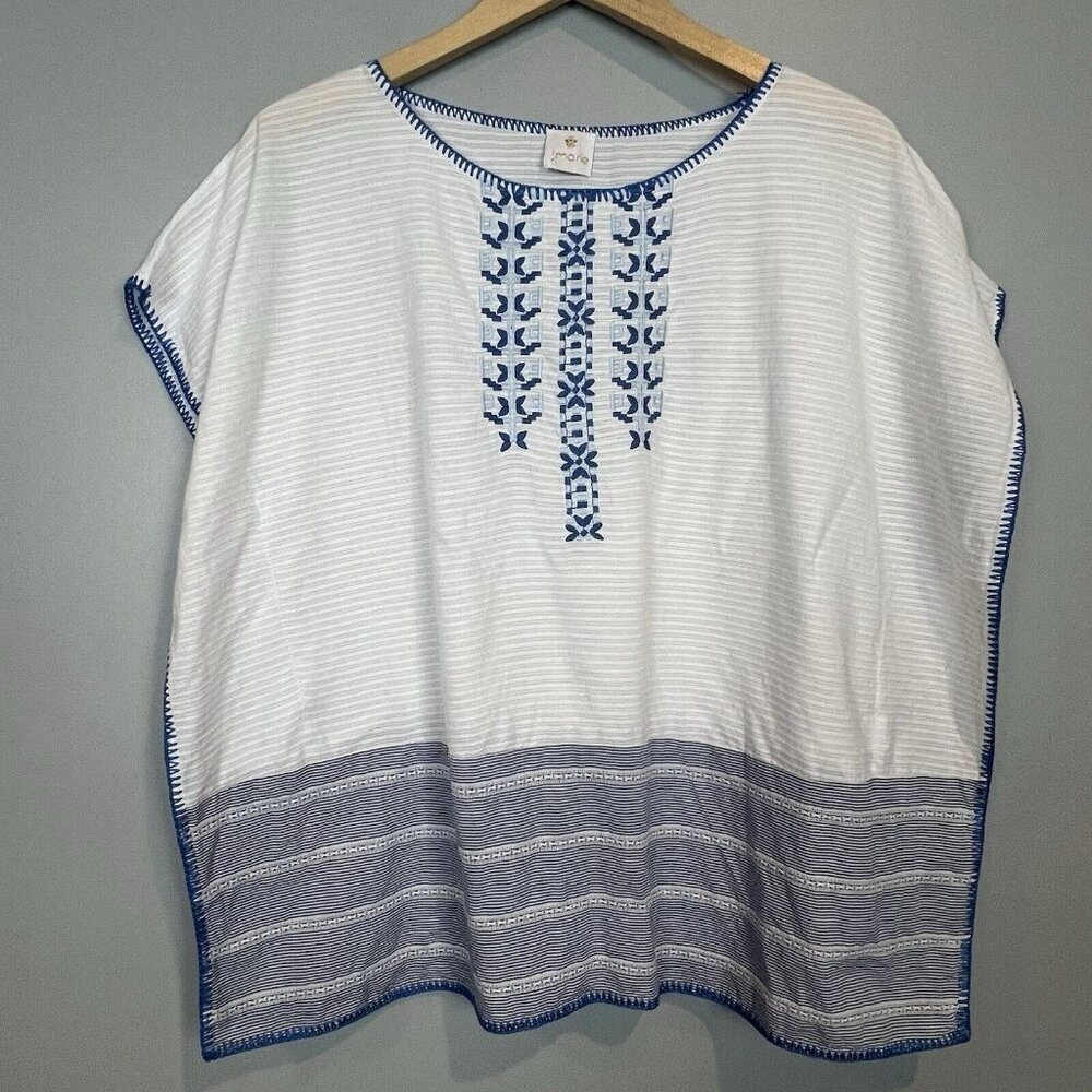 J. Marie Embroidered Blouse Size XS White and Blue Boxy Cut Coastal